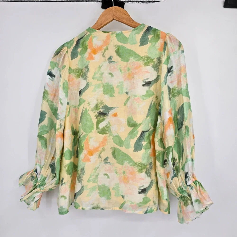 Jade Melody Tam Floral Blouse Green Orange Yellow Impressionist Smocked Cuff S - Picture 2 of 13